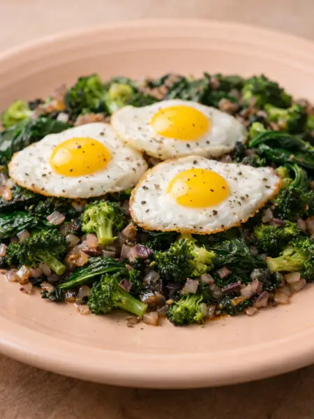 Low carb spinach and fried quail eggs with-sautéed vegetables recipe served as a healthy keto breakfast