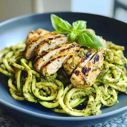 Keto-friendly Grilled Pesto Chicken with Zucchini Noodles