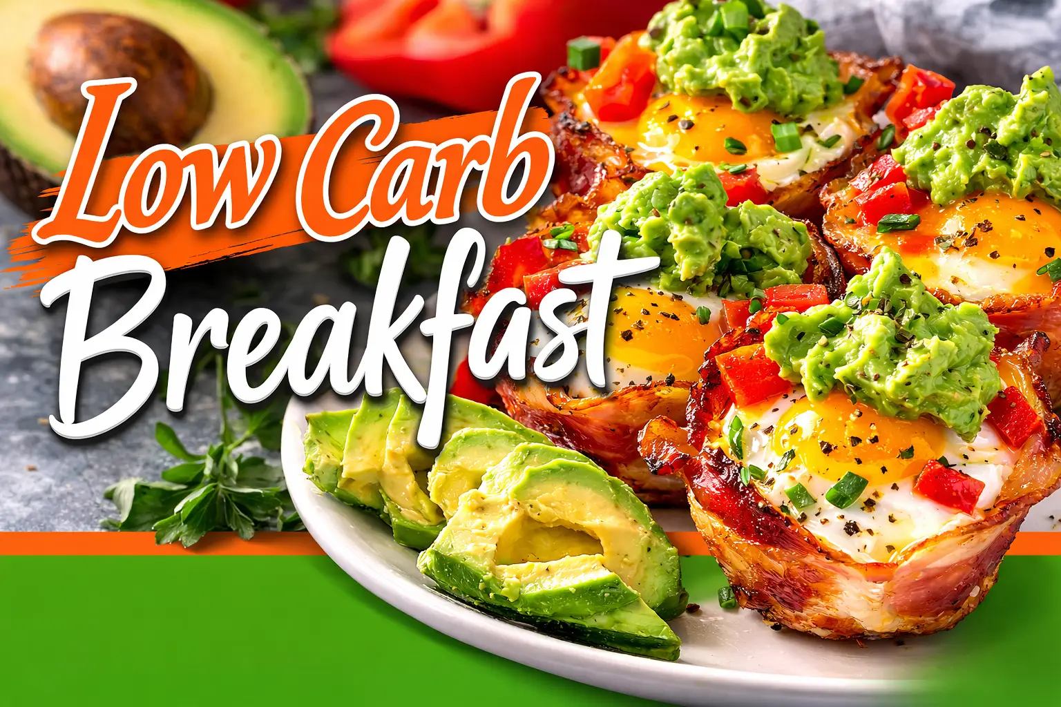 Low carb breakfast recipes featuring bacon egg bites with avocado