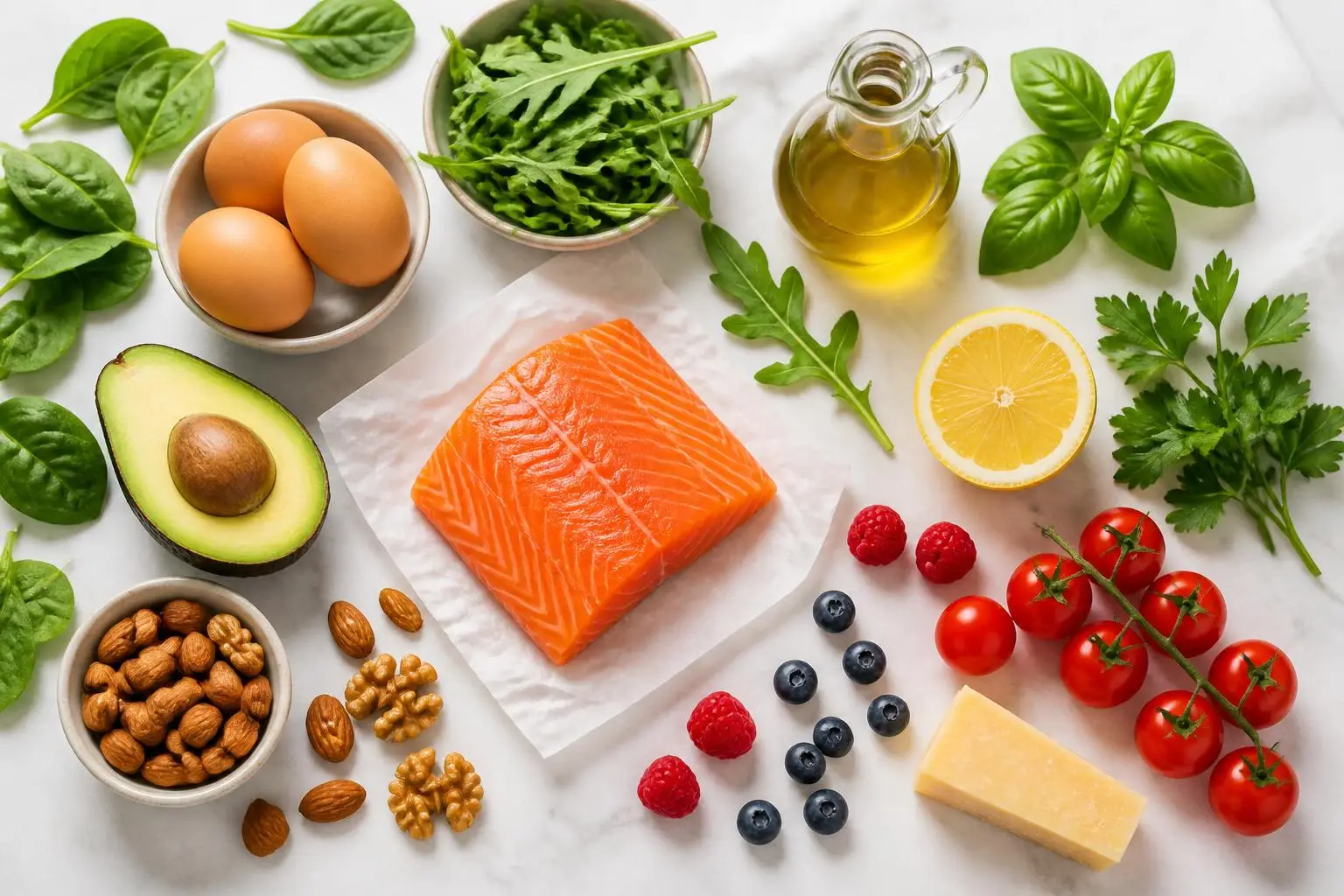Fresh keto ingredients including avocado, salmon, eggs, leafy greens, nuts, and berries