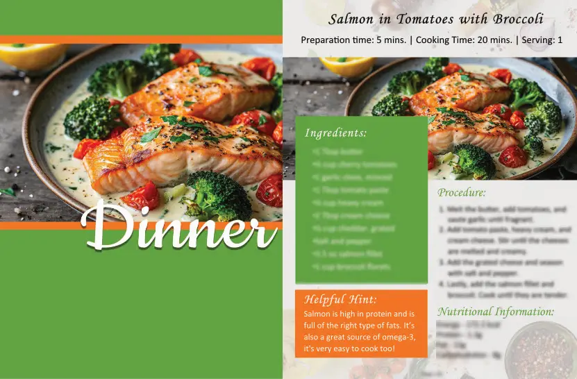 Sample pages from The Ultimate Keto Guide: the Dinner chapter opener and the Salmon in Tomatoes with Broccoli recipe