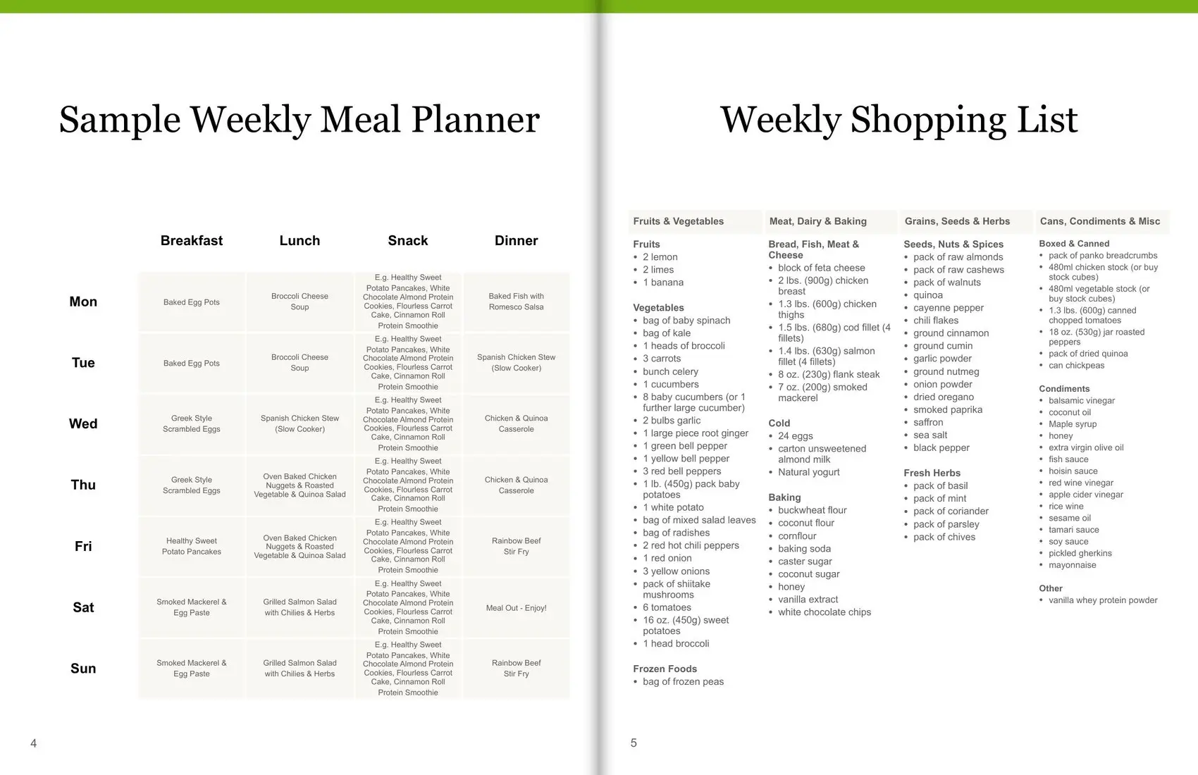 The cookbook's sample weekly meal planner and weekly shopping list