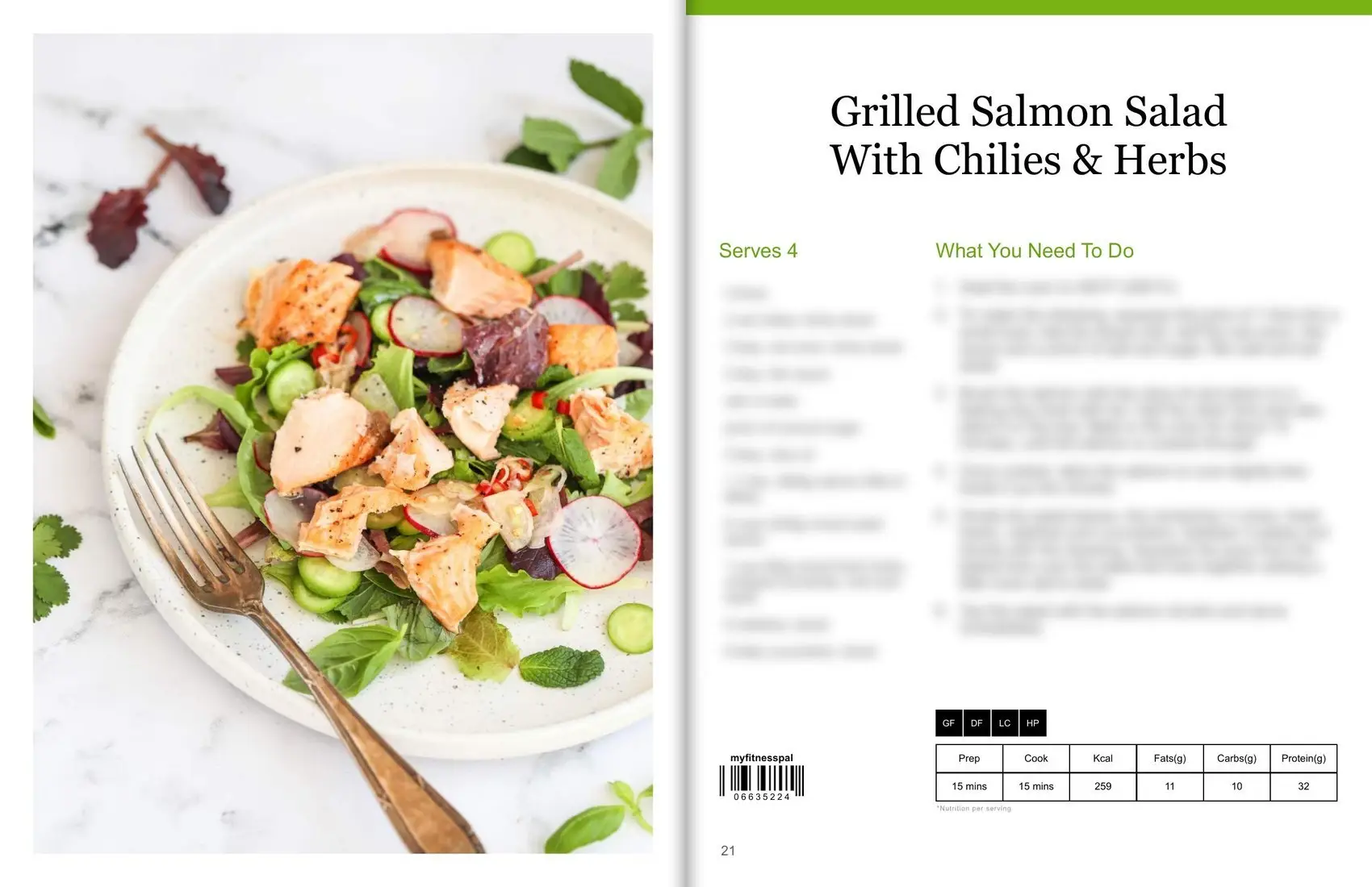 Sample pages from Kiss Keto Cravings Goodbye: a photo of grilled salmon salad beside its recipe and nutrition table